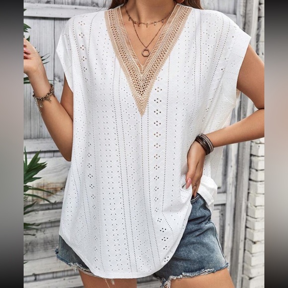 Tops - Plus Size Sheer Lace Eyelet Embroidery Dolman Sleeve Tee Shirt Top Blouse White